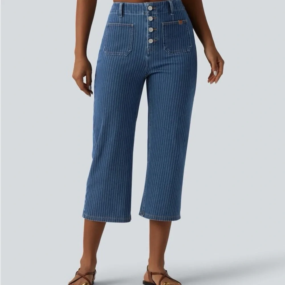 Flex High Waisted Stripes Cropped Straight Leg Casual Jeans with Pockets C3